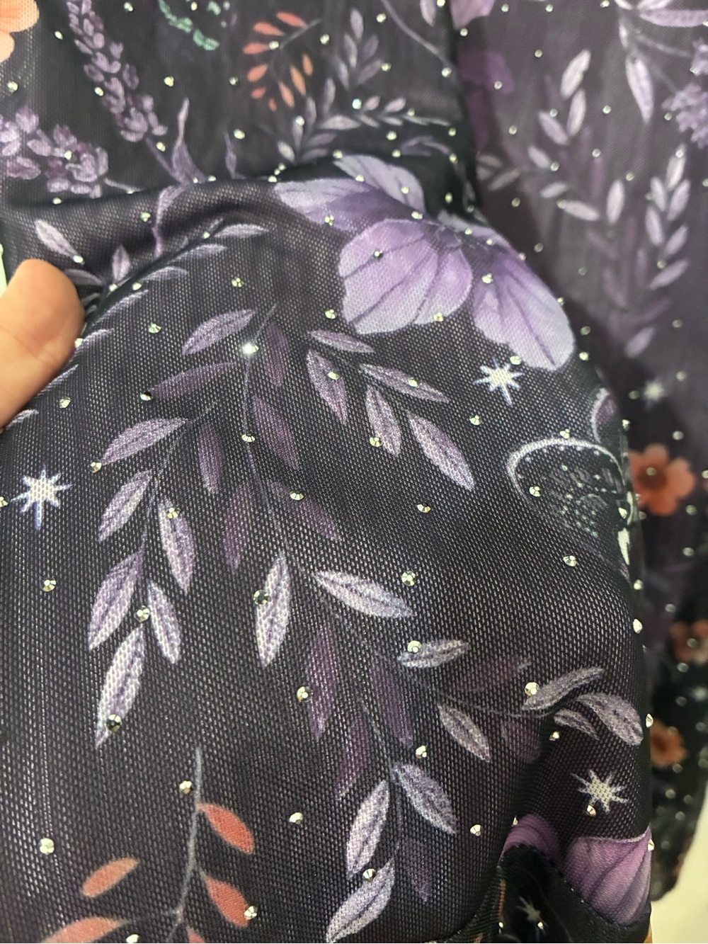 Whimsigoth Purple Floral Asymetrical Maxi Skirt with Tie Waist and Rhinestones - Picture 7 of 11